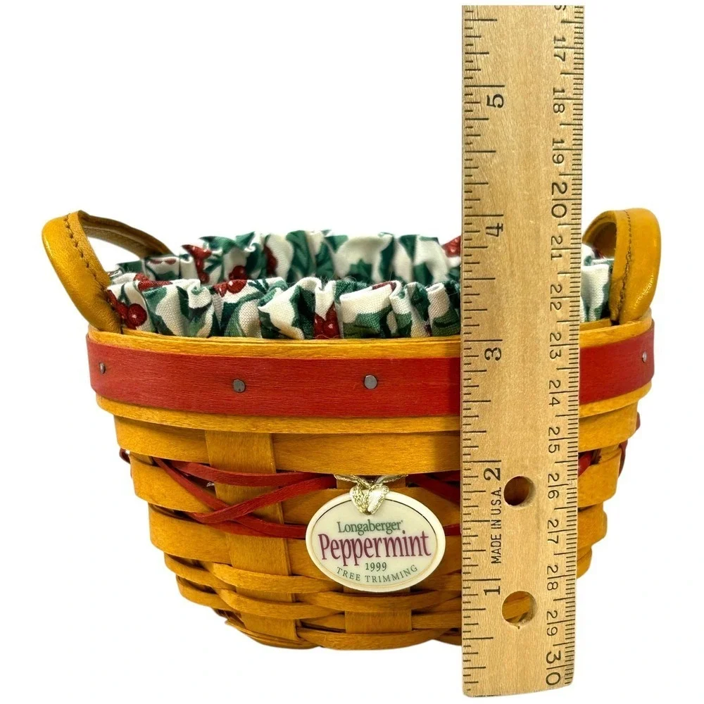 Longaberger PEPPERMINT Tree Trimming Basket Red 1999 w/ Protector Liner & Tie-on